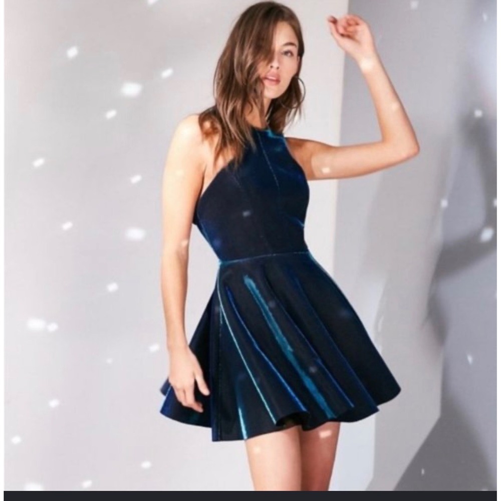 Silence + Noise Iridescent Blue Metallic Halter Fit Flare Dress Cutout Back‎ S